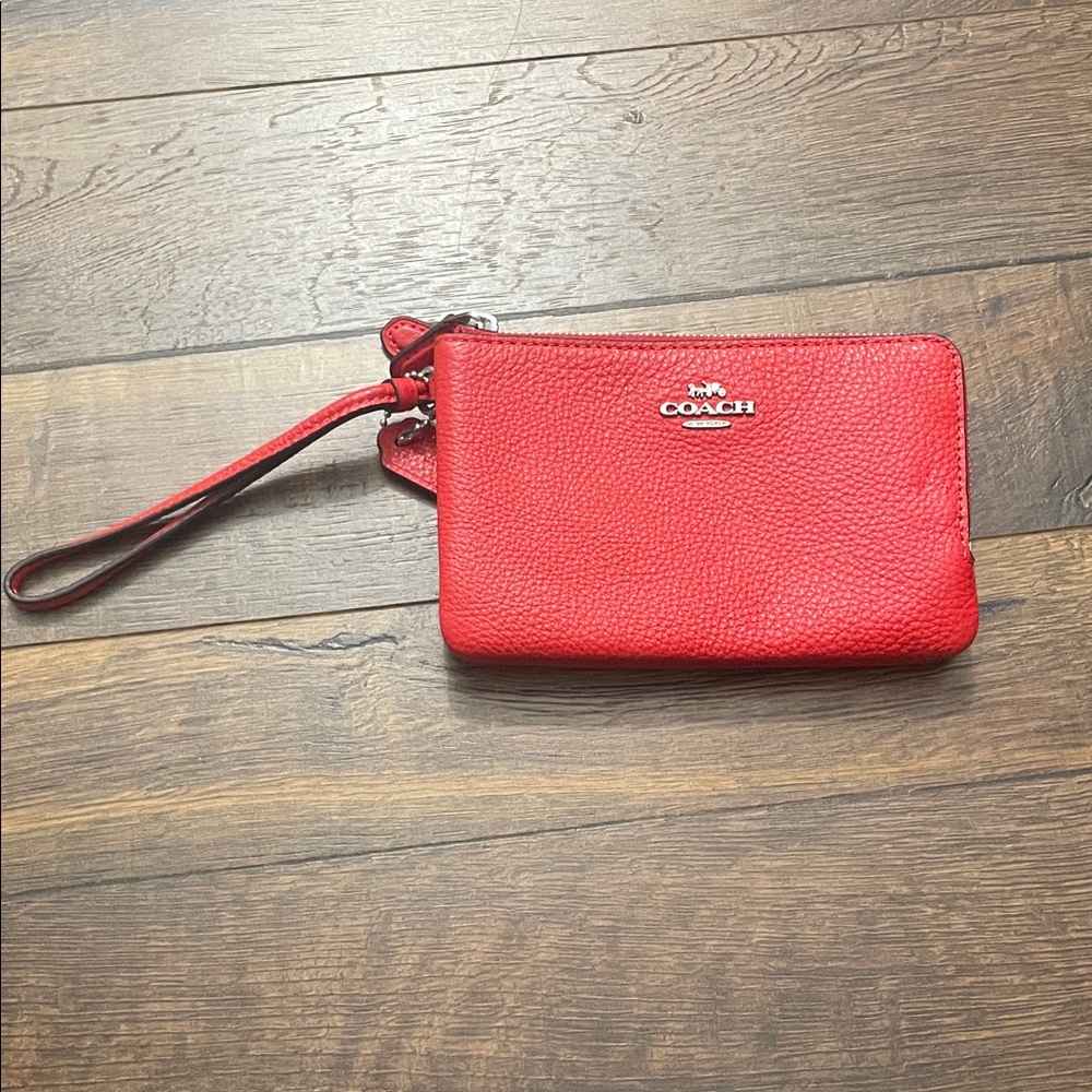 Coach Double Corner Vibrant Red Zip Leather Wristlet